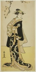 Aktor Yamashita Mangiku I jako Lady Yuya (Yuya Gozen) (?) w sztuce Heike Hyobanki (?), Wystawiony w Teatrze Nakamura (?) w siódmym miesiącu 1789 (?)