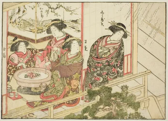 Kurtyzany z Kiribishiya, z książki „Zwierciadło pięknych kobiet z dzielnic przyjemności (Seiro bijin awase sugata kagami),” tom. 2