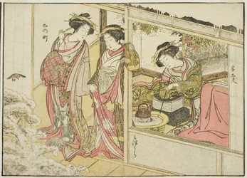 Kurtyzany Nakaomiya, z książki „Zwierciadło pięknych kobiet z dzielnic przyjemności (Seiro bijin awase sugata kagami),” tom. 2