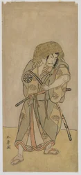 Kabuki Aktor Nakamura Nakazo I jako samuraj w przebraniu, okres Edo, połowa lat 70. (kolorowy drzeworyt)