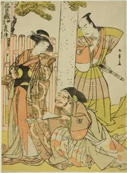 Scena w Tsurugaoka Hachiman Shrine, z pierwszego aktu Chushingura (Skarbiec Czterdziestu siedmiu Lojalnych Podwładnych), z serii „Chushingura Juichimai-Tsuzuki (Zestaw jedenastu arkuszy ilustrujących Chushingura)”