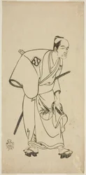 Aktor Arashi Otohachi I jako Hotei Ichiemon w sztuce Ayatsuri Kabuki Ogi, wystawionej w Teatrze Nakamura w siódmym miesiącu, 1768
