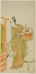 Aktor Arashi Sangoro II jako Ito Kuro przebrany za Banta w sztuce Izu-goyomi Shibai no Ganjitsu, wystawionej w Teatrze Morita w jedenastym miesiącu, 1772