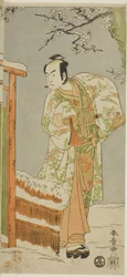 Aktor Arashi Sangoro II jako Minamoto no Yoritomo w tanecznym interludium w scenie drugiej Joruri "Rouge kurtyzany na śnieżnobiałej twarzy (Oyama Beni Yuki no Sugao)" ze sztuki "Bawełniana wata z Izu chroniąca małżeńskie chryzantemy (Myoto-gi