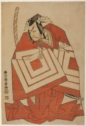 Aktor Ichikawa Danjuro IV w roli "Shibaraku", prawdopodobnie ze sztuki Ima o Sakari Suehiro Genji (Klan Genji w zenicie), wystawianej w teatrze Nakamura od pierwszego dnia jedenastego miesiąca 1768 r.