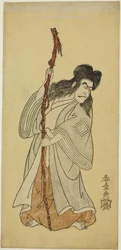 Aktor Ichikawa Danjuro IV, prawdopodobnie jako Tenjiku Tokubei w sztuce „Tenjiku Tokubei odwraca hełm ku domowi (Tenjiku Tokubei Kokyo no Torikaji),” wystawionej w teatrze Nakamura w ósmym miesiącu 1768 r.
