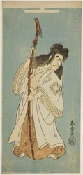 Aktor Ichikawa Danjuro IV, prawdopodobnie jako Tenjiku Tokubei w sztuce „Tenjiku Tokubei odwraca ster w stronę domu (Tenjiku Tokubei Kokyo no Torikaji),” wystawionej w Teatrze Nakamura w ósmym miesiącu 1768 r.