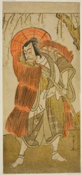 Aktor Ichikawa Danjuro V jako Akushichibyoe Kagekiyo przebrany za żebraka w sztuce Tsukisenu Haru Hagoromo Soga, wystawionej w teatrze Ichimura w trzecim miesiącu 1777
