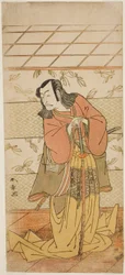 Aktor Ichikawa Danjuro V jako Ashiya Doman w sztuce Kikyo-zome Onna Urakata, wystawionej w Teatrze Morita w siódmym miesiącu 1776