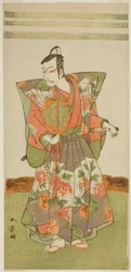 Aktor Ichikawa Danjuro V jako Kudo Kanaishi w sztuce Izu-goyomi Shibai no Ganjitsu, wystawionej w Teatrze Morita w jedenastym miesiącu, 1772