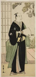 Aktor Ichikawa Danjuro V jako Oboshi Yuranosuke w sztuce Kanadehon Chushingura, wystawionej w Teatrze Nakamura w piątym miesiącu, 1783