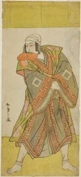 Aktor Ichikawa Danjuro kontra książę Koretaka przebrany za kuriera Izutsu Chuji w sztuce Yamato Kano Ariwara Keizu, granej w Teatrze Nakamura w piątym miesiącu,