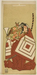 Aktor Ichikawa Danjuro V jako Watanabe Kiou Takiguchi w sztuce Nue no Mori Ichiyo no Mato, wystawionej w Teatrze Nakamura w jedenastym miesiącu 1770