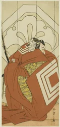 Aktor Ichikawa Danjuro V w roli "Shibaraku", prawdopodobnie jako Kato Hyoeisa Shigemitsu, w trzeciej scenie sztuki Masakado Kammuri no Hatsuyuki (Pierwszy śnieg na nakryciu głowy Taira no Masakado), wystawianej w teatrze Nakamura w jedenastym roku po wojni