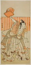 Aktor Ichikawa Monnosuke II jako Ageha no Chokichi przebrany za Soga no Goro Tokimune w sztuce Kaido Ichi Yawaragi Soga, wystawionej w Teatrze Nakamura w trzecim miesiącu 1778