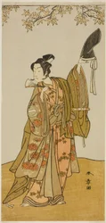 Aktor Ichikawa Monnosuke II jako Shimokobe Shoji Yukihira w sztuce Gohiiki Kanjincho (Twoja ulubiona sztuka Kanjincho [Lista subskrypcji]), wystawionej w Teatrze Nakamura od pierwszego dnia jedenastego miesiąca, 1773