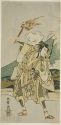 Aktor Ichikawa Monnosuke II jako Soga no Goro Tokimune w sztuce Haru wa Soga Akebono-zoshi (?), wystawionej w Teatrze Nakamura (?) w pierwszym miesiącu 1772 (?)
