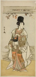 Aktor Ichikawa Monnosuke II jako sługa dworski Shoheida Sadamori w sztuce Masakado Kammuri no Hatsuyuki, wystawionej w Teatrze Nakamura w jedenastym miesiącu, 1777