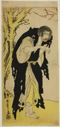 Aktor Ichikawa Monnosuke II jako mnich renegat Zenjibo przebrany za Dainichibo w sztuce Edo no Fuji Wakayagi Soga, wystawionej w Teatrze Nakamura w pierwszym miesiącu 1789