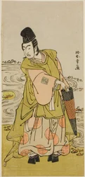 Aktor Ichikawa Yaozo II jako Shii no Shosho Okinori w sztuce Sugata no Hana Yuki no Kuronushi, wystawionej w Teatrze Ichimura w jedenastym miesiącu 1776