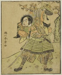 Aktor Ichimura Uzaemon IX jako Kajiwara Genta no Kagetoki (?), w sztuce Myoto-giku Izu no Kisewata, wystawiony w Teatrze Nakamura w jedenastym miesiącu 1770