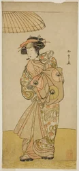 Aktor Ikushima Daikichi III jako kurtyzana Naniwazu w sztuce Saki Masuya Ume no Kachidoki, wystawionej w Teatrze Ichimura w jedenastym miesiącu, 1777