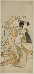 Aktor Iwai Hanshiro IV jako Kojoro-gitsune z Hakata w sztuce Hikitsurete Yagoe Taiheiki, wystawionej w Teatrze Morita w jedenastym miesiącu, 1776