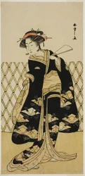 Aktor Iwai Hanshiro IV jako Mitsuogiya Usukumo w sztuce Shida Choja-bashira, wystawionej w Teatrze Nakamura w ósmym miesiącu, 1781
