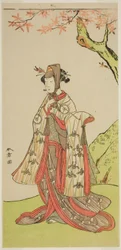 Aktor Iwai Hanshiro IV jako księżniczka Sakura (Sakura Hime) w sztuce Wada Sakamori Eiga Kagami, wystawionej w Teatrze Nakamura w trzecim miesiącu, 1773