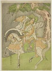 Aktor Matsumoto Koshiro II jako Kagekiyo przebrany za Omi Yawatanosuke w sztuce Haru wa Soga Akebono-zoshi, wystawionej w Teatrze Nakamura w pierwszym miesiącu 1772
