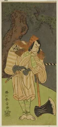 Aktor Matsumoto Koshiro II jako Osada no Taro Kagemune przebrany za drwala Gankutsu no Gorozo w sztuce Nue no Mori Ichiyo no Mato, wystawionej w Teatrze Nakamura w jedenastym miesiącu 1770