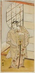 Aktor Matsumoto Koshiro IV jako Matsuo-maru w sztuce Sugawara Denju Tenarai Kagami, wystawionej w Teatrze Nakamura w dziewiątym miesiącu, 1773