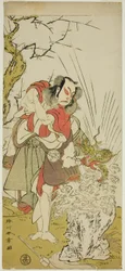 Aktor Nakamura Juzo II jako Yushichi (?) w sztuce Keisei Momiji no Uchikake (?), wystawiony w Teatrze Morita (?) w siódmym miesiącu 1772 (?)