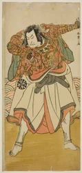 Aktor Nakamura Nakazo I jako Chinzei Hachiro Tametomo przebrany za ascetycznego mnicha w sztuce Kitekaeru Nishiki no Wakayaka, wystawionej w Teatrze Nakamura w jedenastym miesiącu, 1780