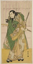 Aktor Nakamura Nakazo I jako Hige no Ikyu w sztuce Nanakusa Yosooi Soga, wystawionej w Teatrze Nakamura w piątym miesiącu, 1782