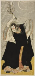 Aktor Nakamura Nakazo I jako bóg piorunów, wcielenie Kan Shojo, w sztuce Sugawara Denju Tenarai Kagami, wystawionej w teatrze Morita w trzecim miesiącu 1780 roku