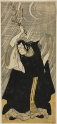 Aktor Nakamura Nakazō I jako bóg piorunów, wcielenie Kan Shōjō, w sztuce „Sugawara Denju Tenarai Kagami”, wystawionej w teatrze Morita w trzecim miesiącu 1780 roku