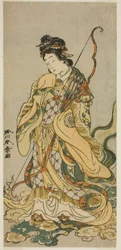 Aktor Nakamura Noshio I jako Goddes Benzaiten z Enoshimy w sztuce Onno Aruji Hatsuyuki no Sekai, wystawionej w Teatrze Morita w jedenastym miesiącu, 1773