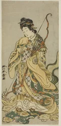 Aktor Nakamura Noshio I jako bogini Benzaiten z Enoshimy w sztuce Onno Aruji Hatsuyuki no Sekai, wystawiony w teatrze Morita w jedenastym miesiącu, ok. 1773 (kolorowy drzeworyt; hosoban)