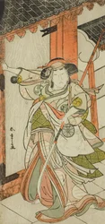 Aktor Nakamura Tomijuro I jako Hangaku Gozen Przełamując bramę w sztuce Wada-gassen Onna Maizuru (Konflikt Wada: Maizuru kobiety), wystawiona w Teatrze Nakamura z dwudziestego piątego dnia siódmego miesiąca