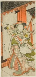 Aktor Nakamura Tomijuro I jako Hangaku Gozen wyłamujący bramę w sztuce Wada-gassen Onna Maizuru (Konflikt Wada: Kobiece "Maizuru"), wystawianej w teatrze Nakamura od dwudziestego piątego dnia siódmego miesiąca 1777 r.