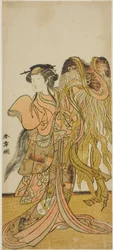 Aktor Nakamura Tomijuro I jako kurtyzana Toyama z Tsurugi w sztuce Keisei Tsuki no Miyako, wystawionej w Teatrze Morita w ósmym miesiącu, 1775