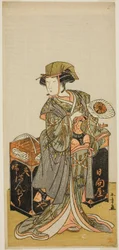 Aktor Nakamura Tomijuro I jako żeński handlarz ciastkami fasoli Hyugaya w sztuce Chigo Torii Tobiiri Kitsune, wystawionej w Teatrze Ichimura w jedenastym miesiącu, 1777
