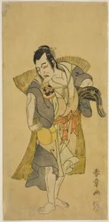 Aktor Nakamura Utaemon I jako Kudo Suketsune przebrany za żebraka w sztuce Soga Moyo Aigo no Wakamatsu, wystawionej w Teatrze Nakamura w pierwszym miesiącu 1769