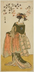Aktor Nakayama Tomisaburo I jako gejsza Yukino (czy Oyuki?) w sztuce Kabuki no Hana Bandai Soga, wystawionej w Teatrze Ichimura w czwartym miesiącu 1781 r.