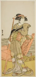 Aktor Onoe Matsusuke I jako Akoya w sztuce Edo Meisho Midori Soga, wystawionej w Teatrze Morita w drugim miesiącu, 1779