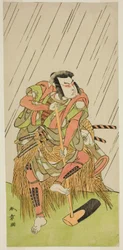 Aktor Onoe Matsusuke I jako Nakaomi Katsumi przebrany za rolnika Datta no Nizo w sztuce Shitenno-ji Nobori Kuyo, wystawionej w Teatrze Ichimura w ósmym miesiącu, 1773