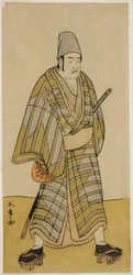 Aktor Otani Hiroemon III jako Gokumon Shobei w sztuce Sugata no Hana Kurofune Zukin, wystawionej w Teatrze Morita w dziewiątym miesiącu, 1774