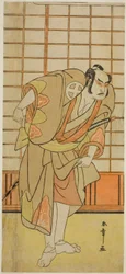 Aktor Otani Hiroji III jako Hata no Daizen Taketora przebrany za Shikishimę Wakahei w sztuce Juni-hitoe Komachi-zakura, wystawionej w teatrze Kiri w jedenastym miesiącu 1784 r.
