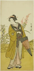 Aktor Otani Tomoemon I jako Otsuma w sztuce Kabuki no Hana Bandai Soga, wystawionej w Teatrze Ichimura w czwartym miesiącu 1781